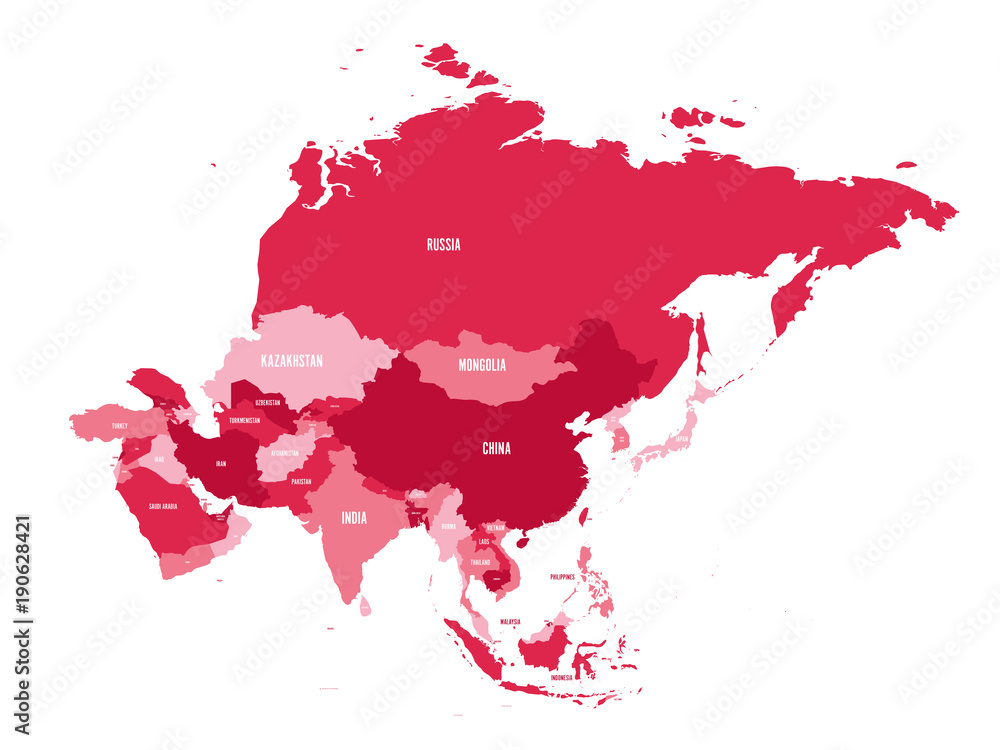 Political map of Asia continent in shades of maroon. Vector illustration.