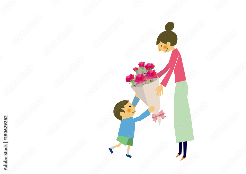 プレゼントを贈る子供と母親。母の日。記念日。誕生日。 プレゼントを贈る子供と母親。母の日。記念日。誕生日。