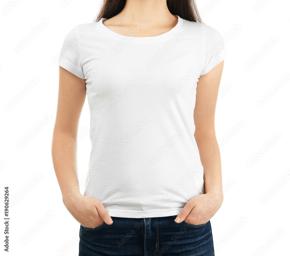 Young woman in stylish t-shirt on white background. Mockup for design Young woman in stylish t-shirt on white background. Mockup for design