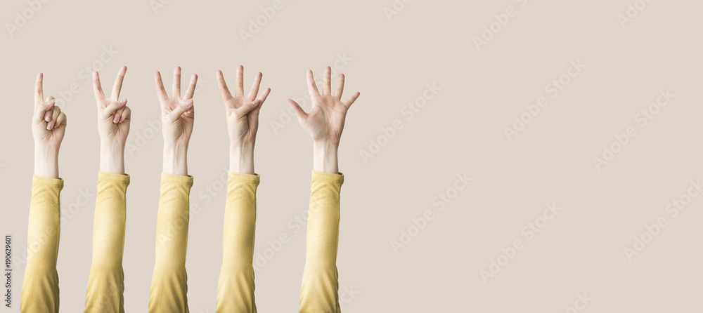 Fototapeta premium Raised up hands and fingers showing numerical