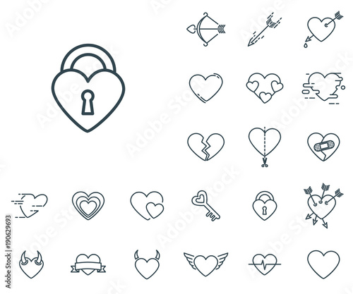 Padlock icon in set on the white background. Set of thin, linear and modern hearts icons. Universal linear icons to use in web and mobile app.