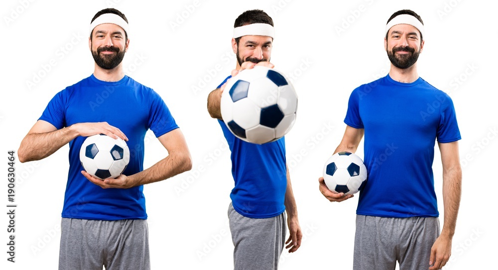 Set of Funny sportsman holding a soccer ball Set of Funny sportsman holding a soccer ball