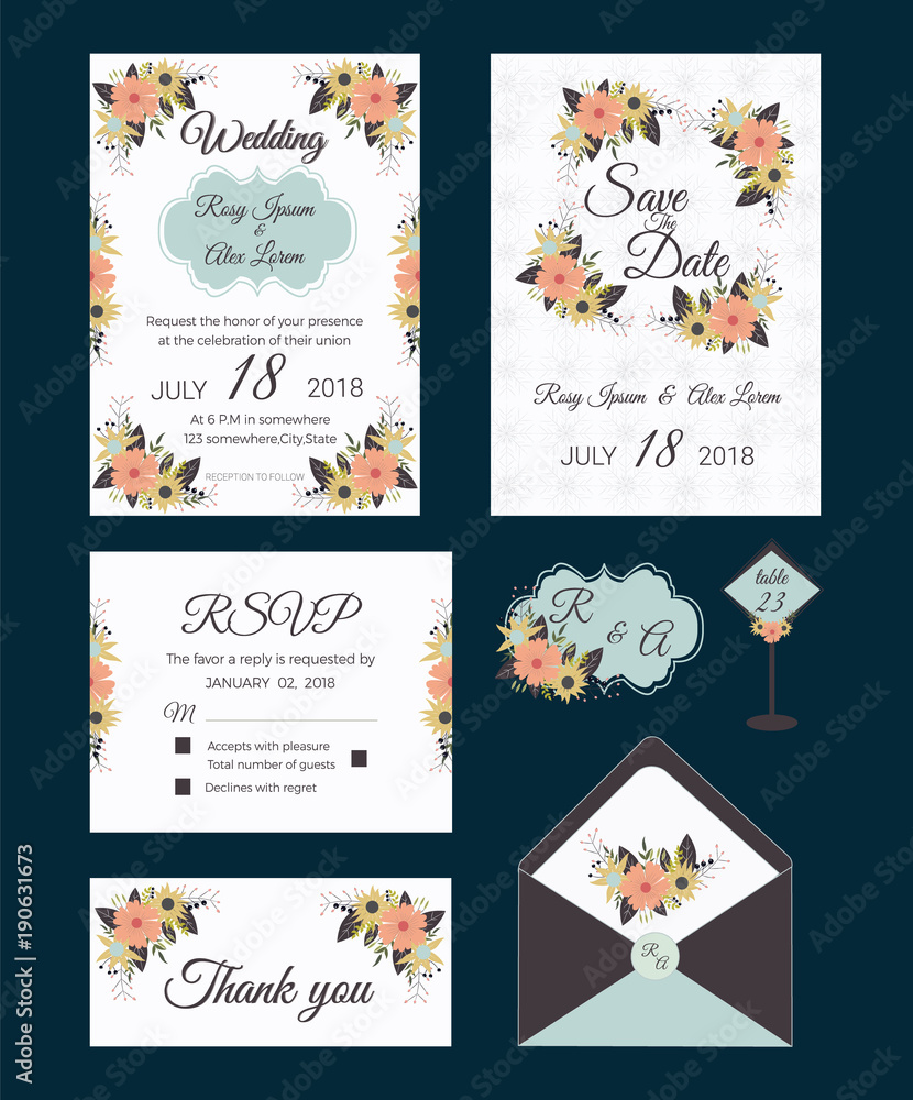 Vector set of invitation cards with  flowers elements Wedding collection