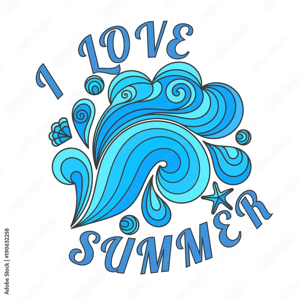 Color image of a sea wave on a white background. Vector illustration of a stylized blue wave in the style of a doodle with the inscription I love summer