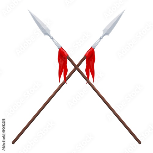 Two spears on a white background. Vector illustration of crossed traditional spears with a red flag