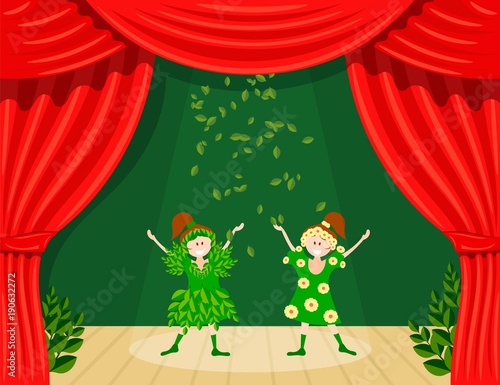 Abstract children's theater. Little girls on the stage of the theater. The play in the kindergarten. Holiday of the meeting of spring. Young actresses are spring and summer. Vector illustration
