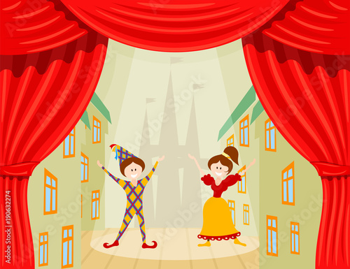 Children's Theater. A scene with two young actors and red scenes. Vector illustration of a performance with Harlequin and Colombine