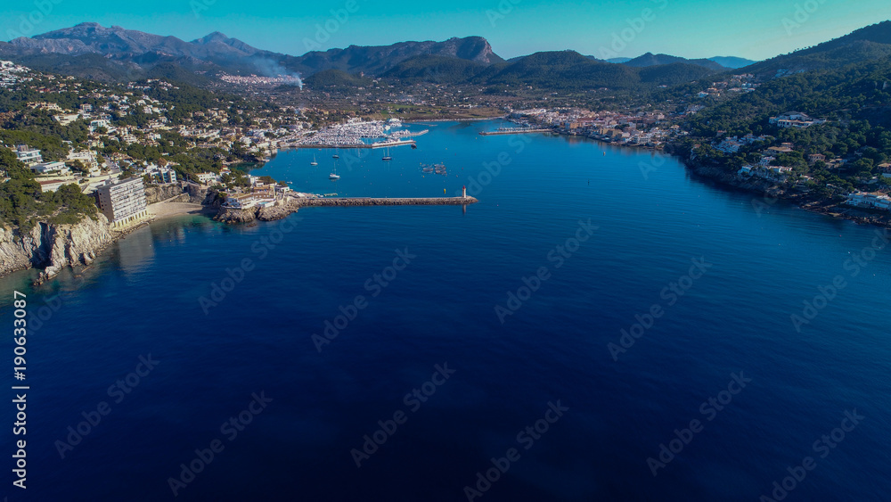 Port of Andratx, Balearic Islands, Spain 01/31/2018: aerial image of the port and the yacht club locat