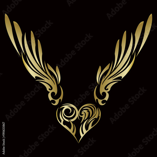 トライバル。ハートと翼。ステッカー。エンブレム。