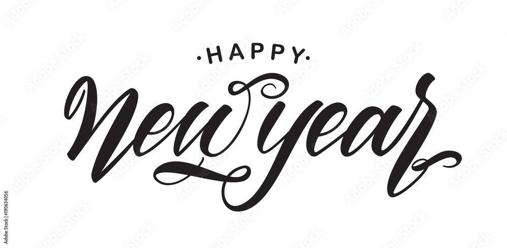 Fototapeta Handwritten elegant brush lettering of Happy New Year isolated on white background.