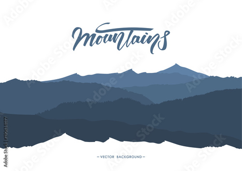 Abstract mountains background with Handwritten lettering emblem. Silhouette of landscape.