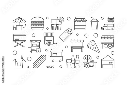 Street food festival vector linear horizontal banner