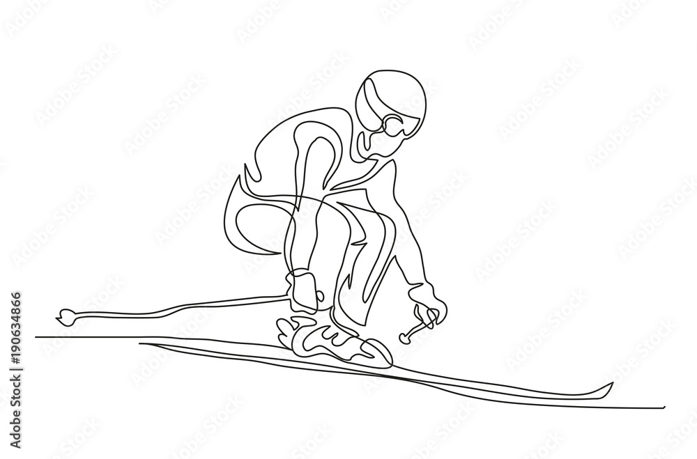 Continuous line drawing. Illustration shows a Alpine skier skiing downhill. Winter sport. Extreme. Vector illustration Continuous line drawing. Illustration shows a Alpine skier skiing downhill. Winter sport. Extreme. Vector illustration