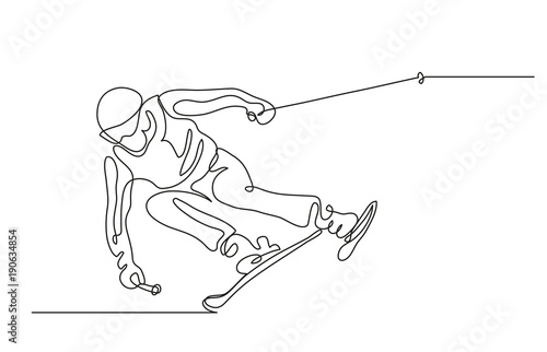 Continuous line drawing. Illustration shows a Alpine skier skiing downhill. Winter sport. Extreme. Vector illustration