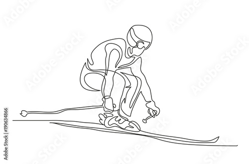 Continuous line drawing. Illustration shows a Alpine skier skiing downhill. Winter sport. Extreme. Vector illustration