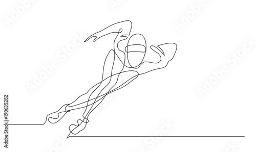 Continuous line drawing. Illustration shows a sportsman running on skates. Speed skating. Winter sport. Vector illustration