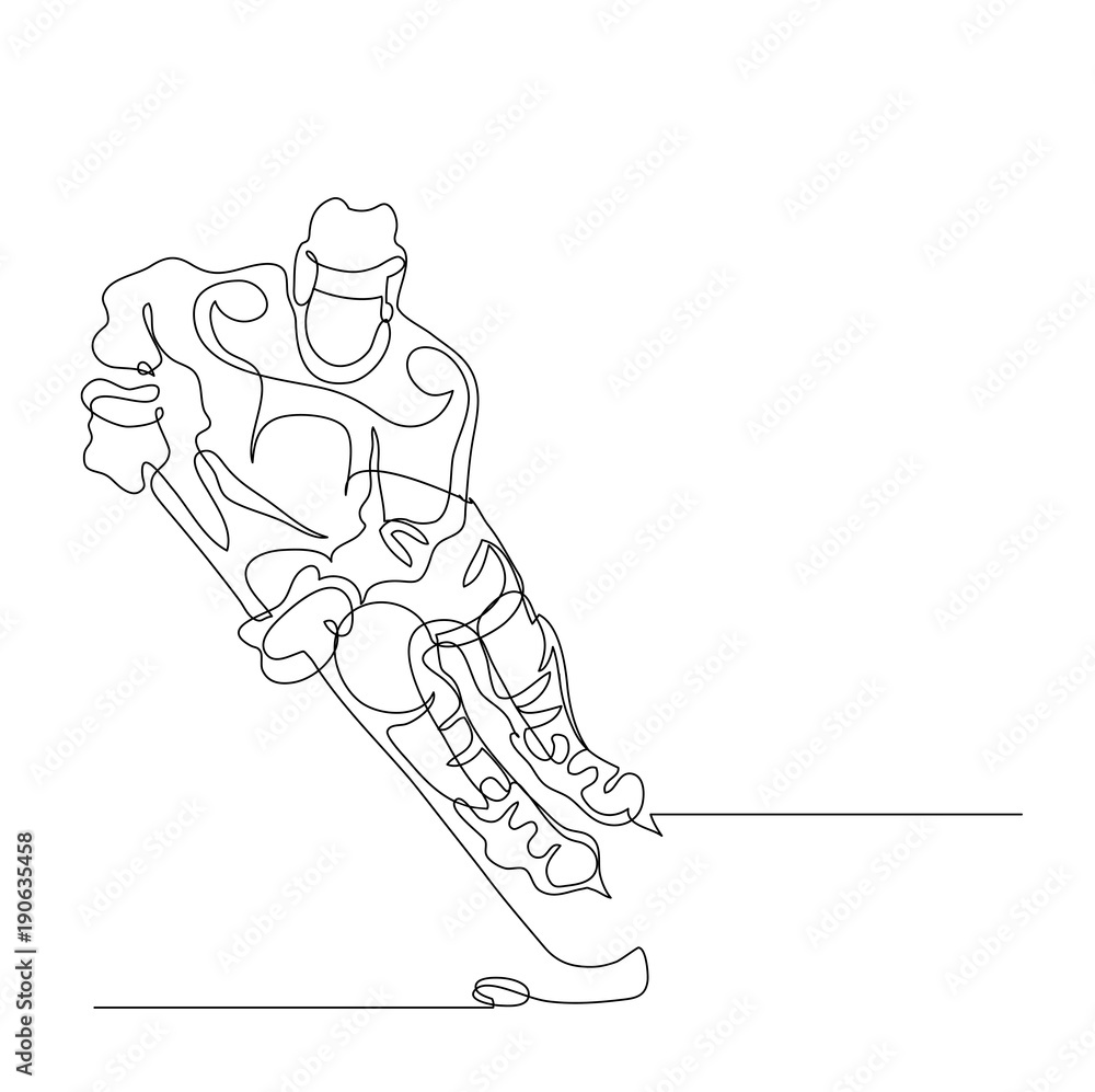 Fototapeta premium Continuous line drawing. Illustration shows a hockey player in attack. Ice Hockey. Vector illustration