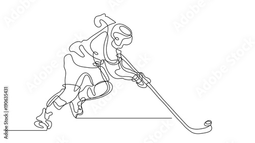 Continuous line drawing. Illustration shows a hockey player in attack. Ice Hockey. Vector illustration