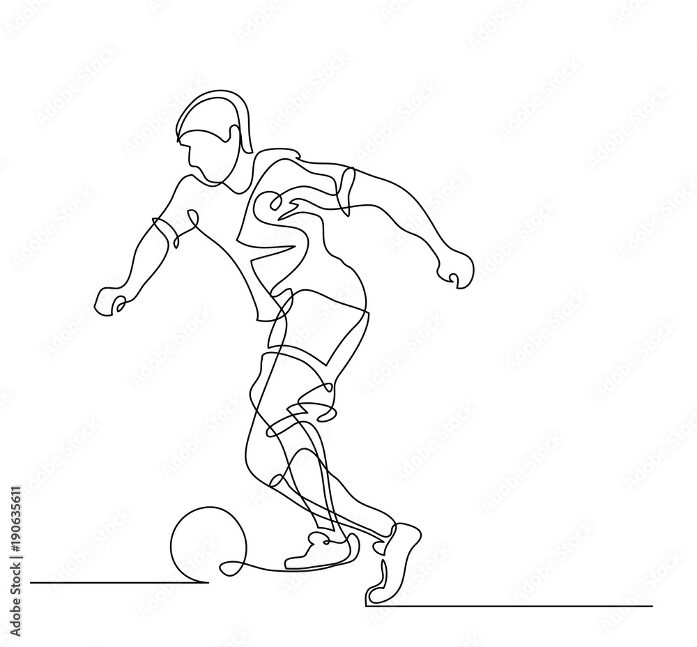 Continuous line drawing. Illustration shows a football player kicks the ball. Soccer. Vector illustration Continuous line drawing. Illustration shows a football player kicks the ball. Soccer. Vector illustration