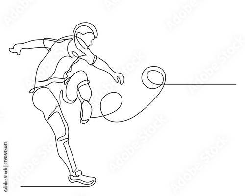 Continuous line drawing. Illustration shows a football player kicks the ball. Soccer. Vector illustration