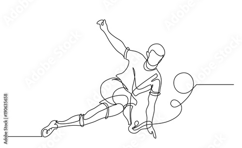 Continuous line drawing. Illustration shows a football player kicks the ball. Soccer. Vector illustration