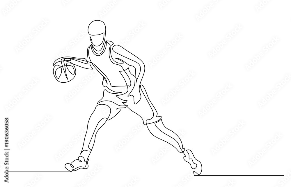Continuous line drawing. Illustration shows a basketball player in the attack. Sport. Basketball. Vector illustration
