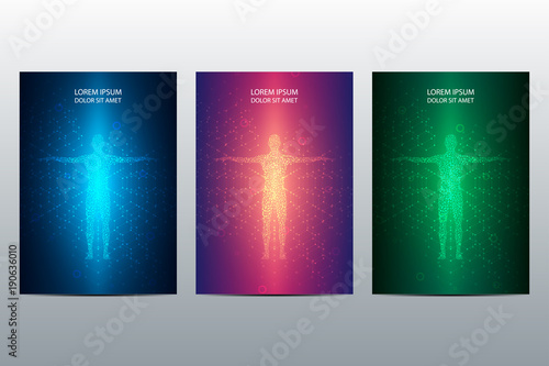 Cover or poster design with human body background. Scientific and technological concept. Vector illustration.