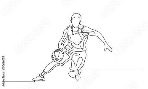 Continuous line drawing. Illustration shows a basketball player in the attack. Sport. Basketball. Vector illustration