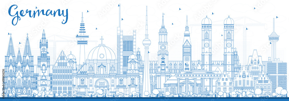 Outline Germany City Skyline with Blue Buildings.