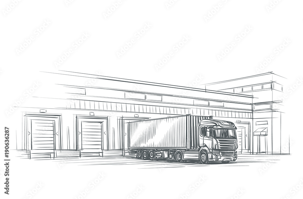Truck near loading dock/logistics firm illustration. Vector. eps 10. 