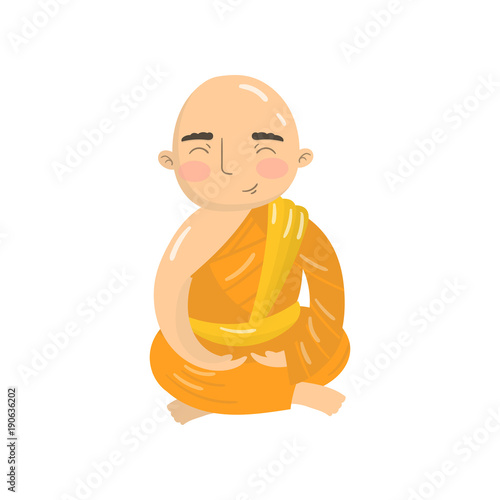 Buddhist monk meditating in lotus position, practicing yoga in the padmasana pose cartoon vector Illustration