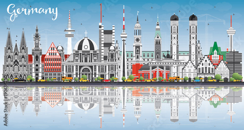 Germany City Skyline with Gray Buildings, Blue Sky and Reflections.