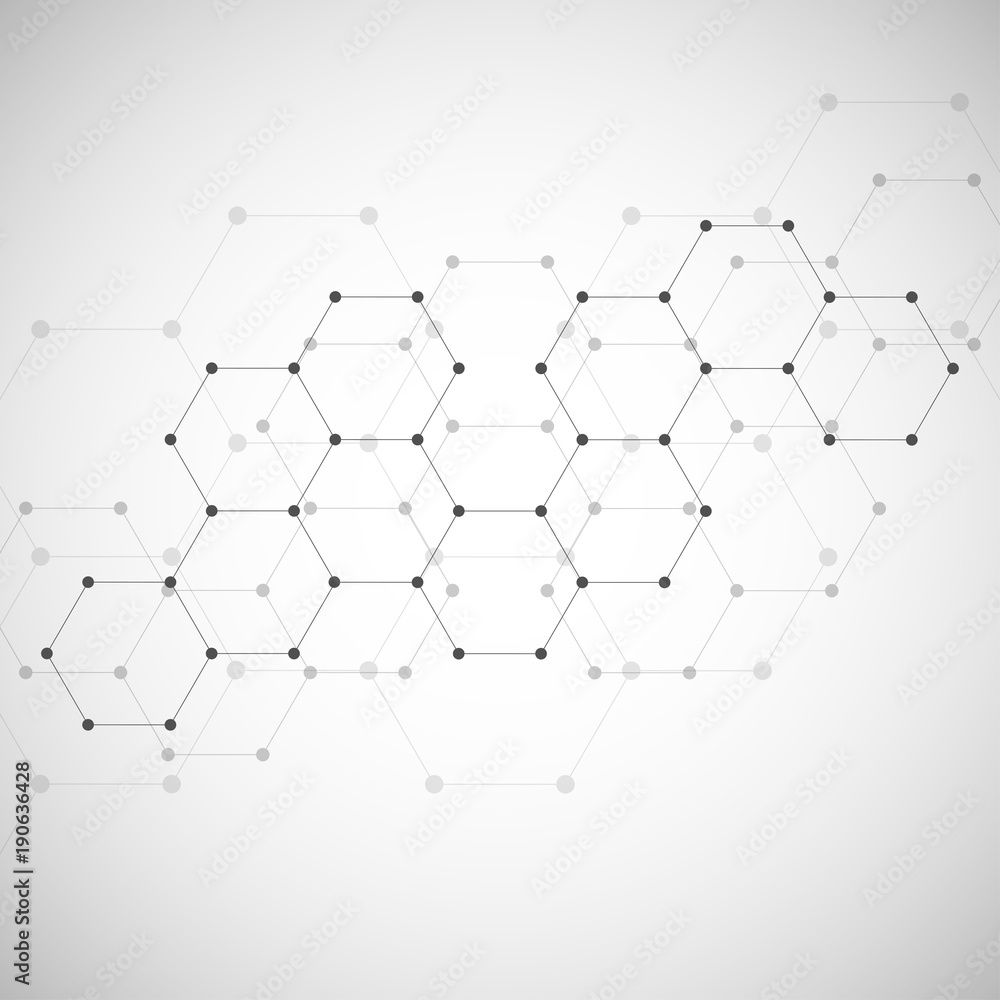 Geometric abstract background with hexagons. Structure molecule and communication. Science, technology and medical concept. Vector illustration.