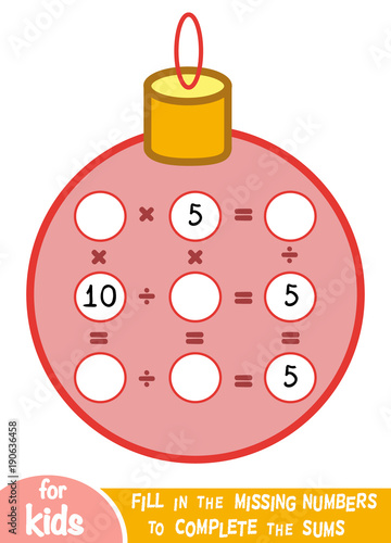 Counting Game for Children. Educational a mathematical game. Multiplication and division worksheet with Christmas ball