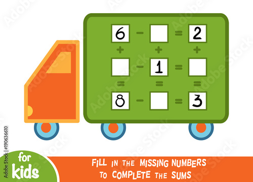 Counting Game for Children. Educational a mathematical game. Addition and subtraction worksheets with Lorry