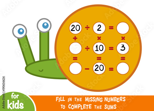 Counting Game for Children. Educational a mathematical game. Multiplication and division worksheets with snail