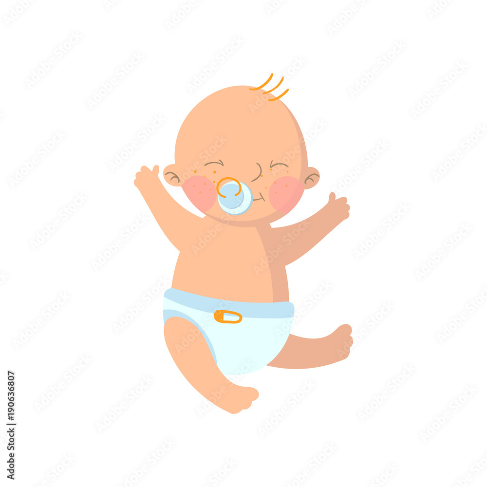 Sweet baby boy in diaper with pacifier cartoon vector Illustration