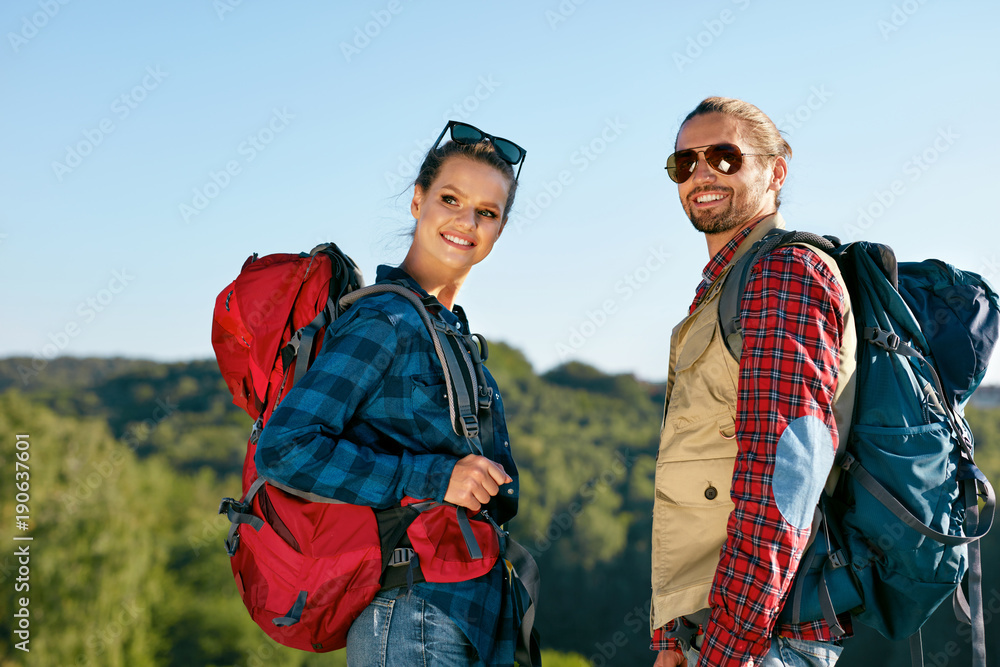 Tourist Couple Traveling, Walking In Nature.