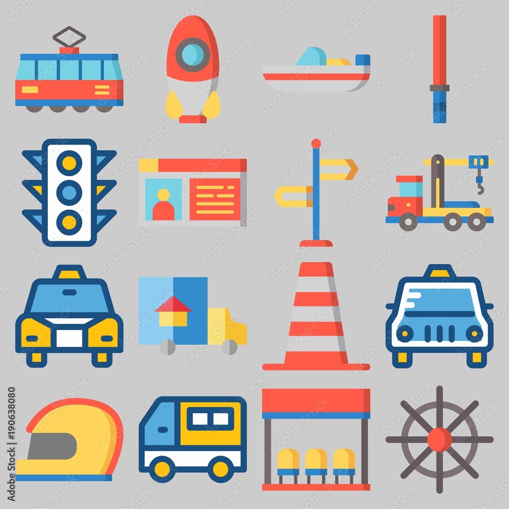 Icon set about Transportation with keywords tram, boat, rocket, taxi, car and cone
