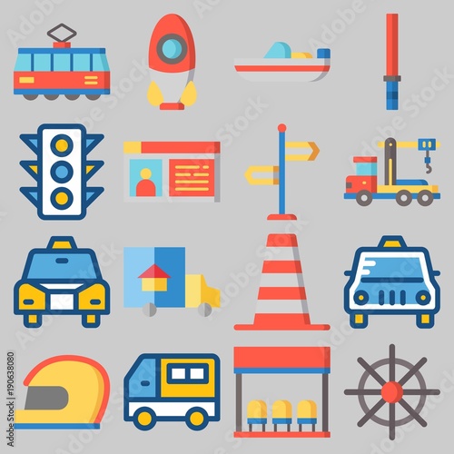 Icon set about Transportation with keywords tram, boat, rocket, taxi, car and cone