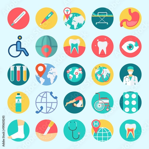 Icons set about Medical with tablets, stethoscope, teeth, surgeon, sprain and surgery