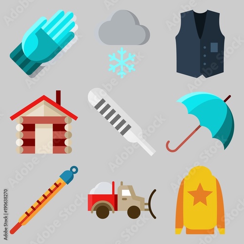 Icons set about Winter with gloves, thermometer, house, vest, sweater and snowplow