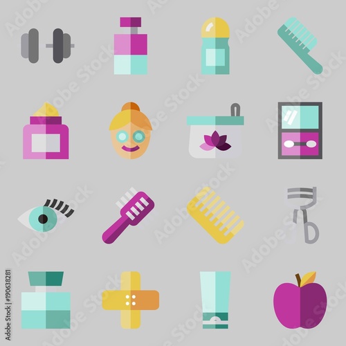 icons set about Beauty. with apple, cologne, face, hairbrush, comb and eyelashes curler