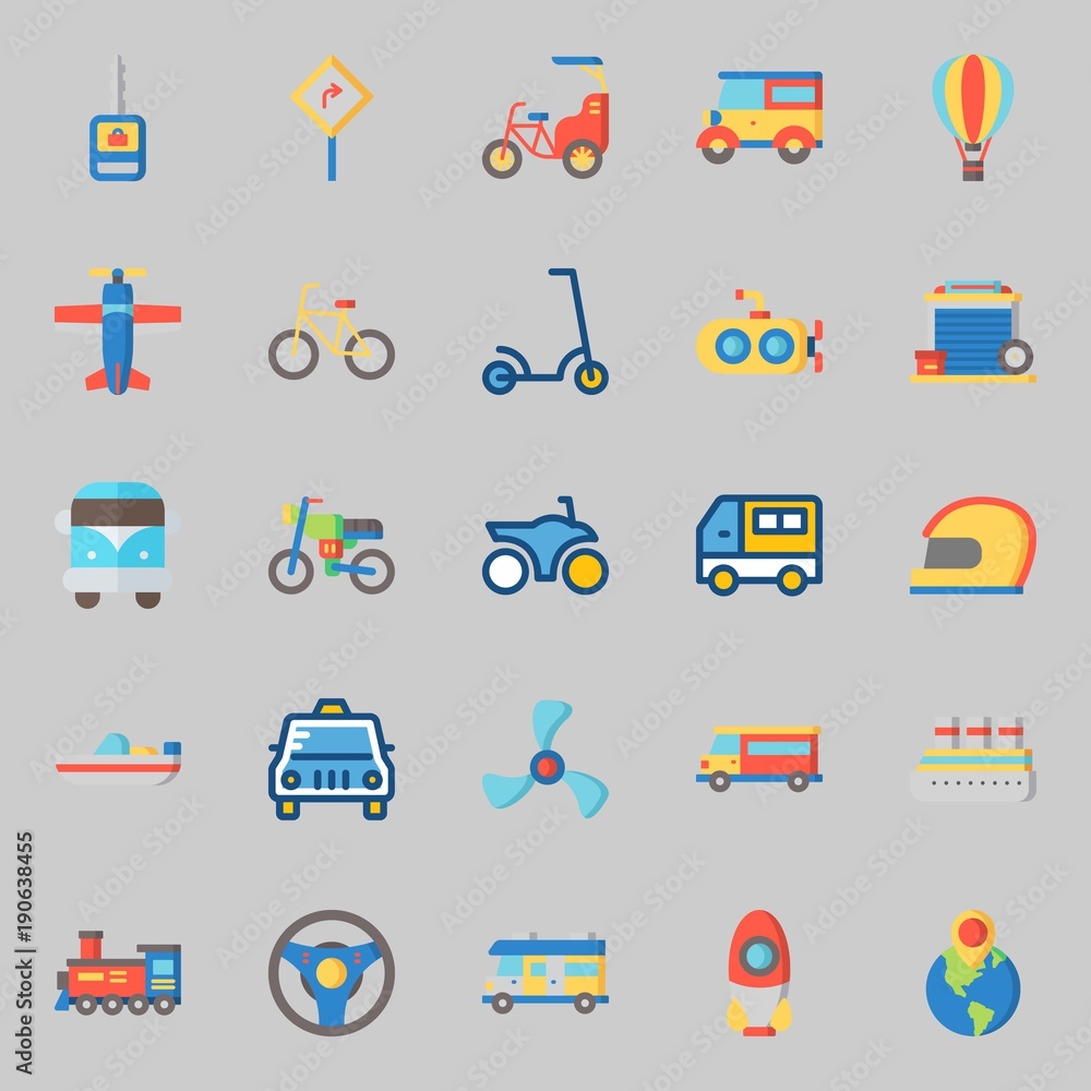 icons set about Transportation. with submarine, steering wheel, scooter, taxi, plane and locomotive icons set about Transportation. with submarine, steering wheel, scooter, taxi, plane and locomotive