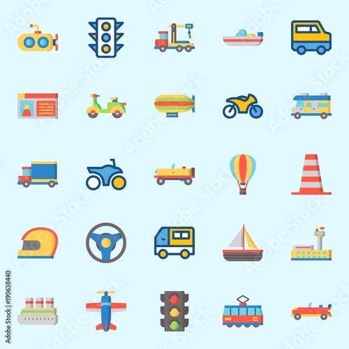 Icons set about Transportation with steering wheel, traffic light, sport car, boat, tram and plane