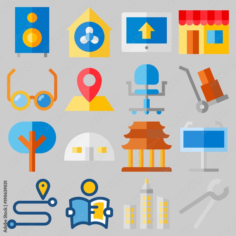 Icon set about Real Assets with keywords skyline, up, maps and flags, wheelbarrow, trees and reading glasses Icon set about Real Assets with keywords skyline, up, maps and flags, wheelbarrow, trees and reading glasses