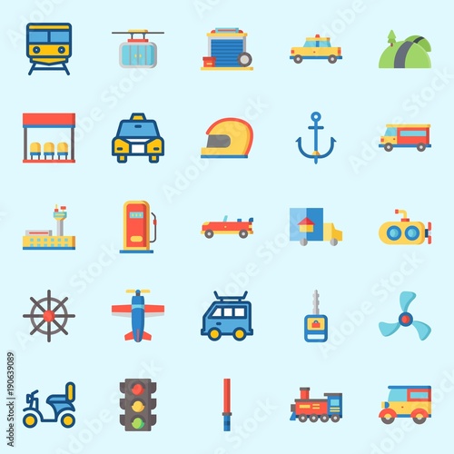 icons set about Transportation. with propeller, cable car, stick, road, locomotive and rudder