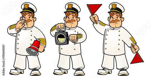 Cartoon sailors. A set of images. The captain signals the speaker, a lantern and flags.