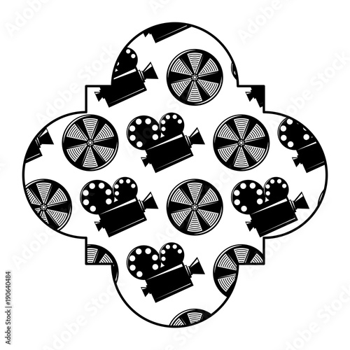 retro stamp with movie camera projector and reel film vector illustration black and white image design