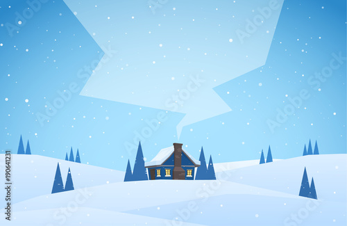 Winter snowy landscape with cartoon house with hills and smoke from the chimney.